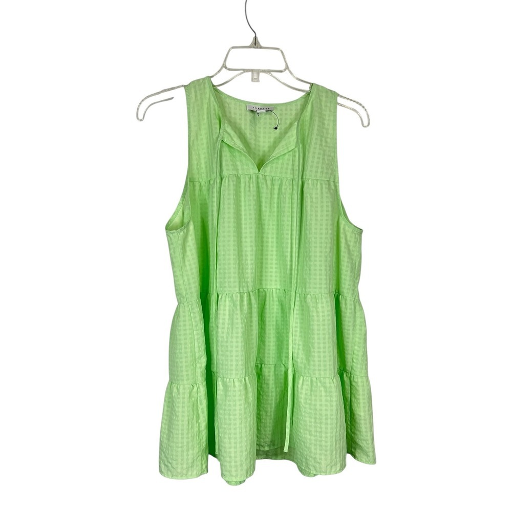 Topshop Women's Lime Green Tierra Gingham Sleeveless Tie Neck Top - Sz 8